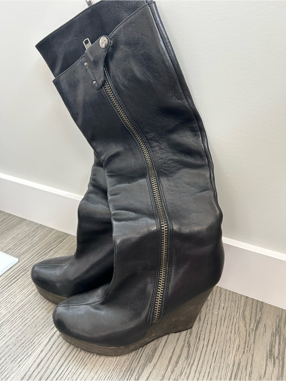 Coach Black Leather Wedge Knee Boots with Side Zip